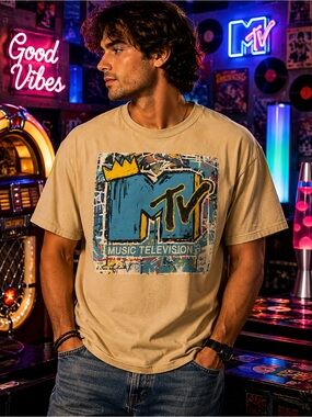 MTV Music Television T-Shirt Tan 2XL Retro Vintage 1980s Vibes Throwback Logo